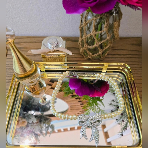 Stella & Dot Jewelry - Elegant Pearl Necklace with Rhinestone Bow